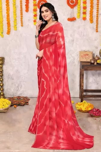 Crimson red chiffon shibori print gotta pati lace border saree with unstitched blouse piece
