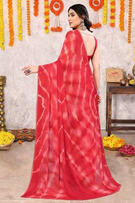 Crimson red chiffon shibori print gotta pati lace border saree with unstitched blouse piece 4