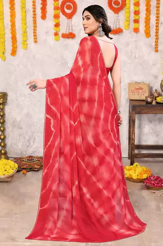Crimson red chiffon shibori print gotta pati lace border saree with unstitched blouse piece