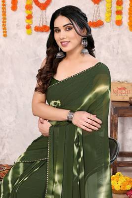 Mehandi green chiffon shibori print gotta pati lace border saree with unstitched blouse piece 1