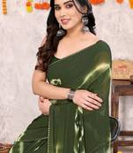 Mehandi green chiffon shibori print gotta pati lace border saree with unstitched blouse piece