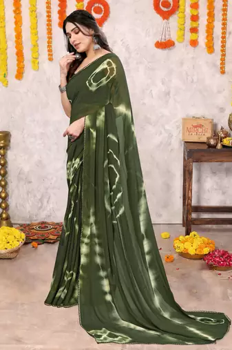 Mehandi green chiffon shibori print gotta pati lace border saree with unstitched blouse piece