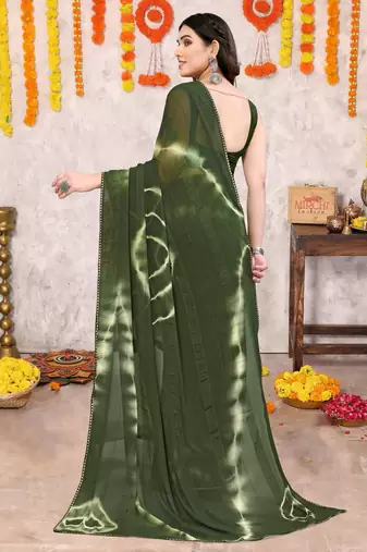 Mehandi green chiffon shibori print gotta pati lace border saree with unstitched blouse piece