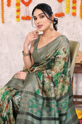 Dark Dusty Green Silk Blend Floral Print Golden Zari Woven Border Saree With Unstitched Blouse Piece