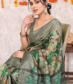 Dark Dusty Green Silk Blend Floral Print Golden Zari Woven Border Saree With Unstitched Blouse Piece