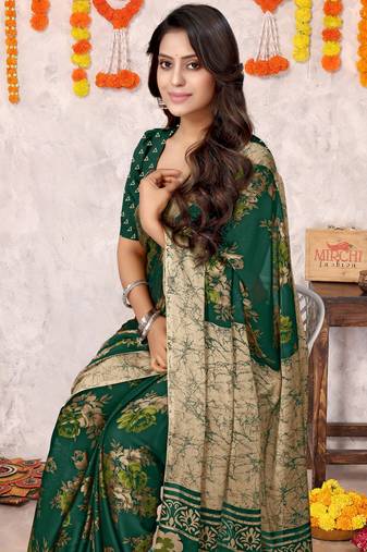 Dark green chiffon floral printed saree with unstitched blouse piece