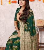 Dark green chiffon floral printed saree with unstitched blouse piece