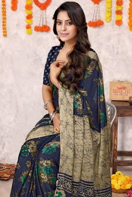Navy blue chiffon floral printed saree with unstitched blouse piece 1