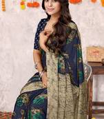Navy blue chiffon floral printed saree with unstitched blouse piece