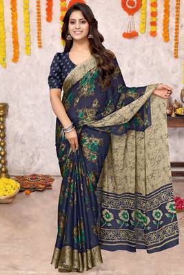 Navy blue chiffon floral printed saree with unstitched blouse piece 2