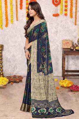 Navy blue chiffon floral printed saree with unstitched blouse piece 3