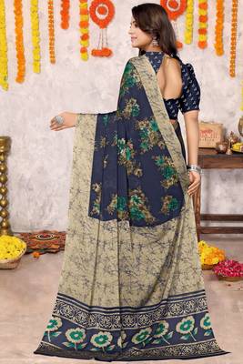 Navy blue chiffon floral printed saree with unstitched blouse piece 4