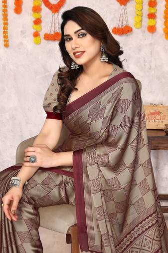 Beige Chiffon Block Printed Saree With Unstitched Blouse Piece
