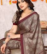 Beige Chiffon Block Printed Saree With Unstitched Blouse Piece