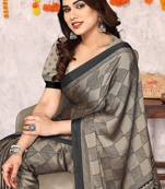 Beige Chiffon Block Printed Saree With Unstitched Blouse Piece