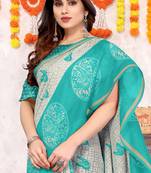 Turquoise Cotton Blend Geometric Print/Butterfly Block Print Golden Zari Border Saree With Unstitched Blouse Piece