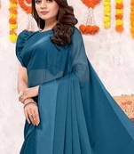 Dark Rama Blue Satin Chiffon Solid Satin Woven Border With Tassels Saree With Unstitched Blouse Piece