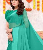 Teal Satin Chiffon Solid Satin Woven Border With Tassels Saree With Unstitched Blouse Piece