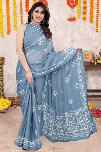 Dusty Blue Chiffon Batik Block Printed Saree With Unstitched Blouse Piece