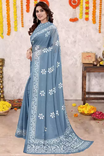 Dusty Blue Chiffon Batik Block Printed Saree With Unstitched Blouse Piece
