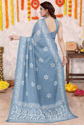 Dusty Blue Chiffon Batik Block Printed Saree With Unstitched Blouse Piece 4