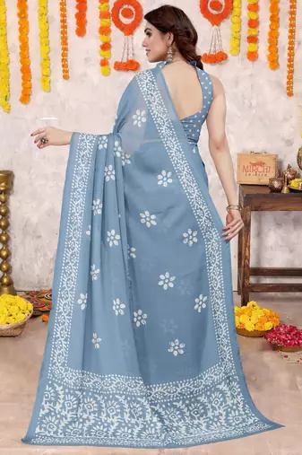 Dusty Blue Chiffon Batik Block Printed Saree With Unstitched Blouse Piece