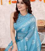 Light Blue Chiffon Batik Block Printed Saree With Blouse Piece