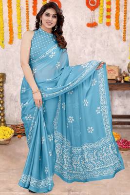 Light Blue Chiffon Batik Block Printed Saree With Blouse Piece 2