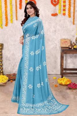 Light Blue Chiffon Batik Block Printed Saree With Blouse Piece 3