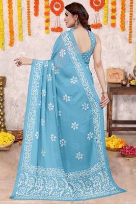 Light Blue Chiffon Batik Block Printed Saree With Blouse Piece 4