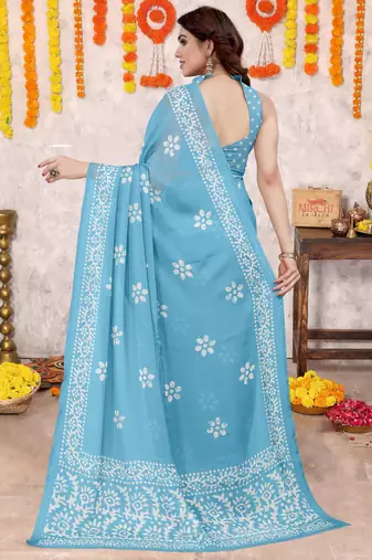 Light Blue Chiffon Batik Block Printed Saree With Blouse Piece