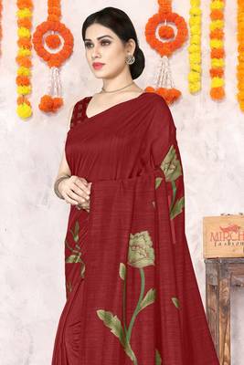Red Silk Blend Floral Print Saree With Unstitched Blouse Piece 1
