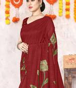 Red Silk Blend Floral Print Saree With Unstitched Blouse Piece