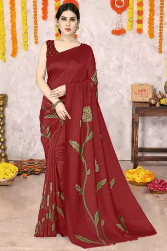 Red Silk Blend Floral Print Saree With Unstitched Blouse Piece