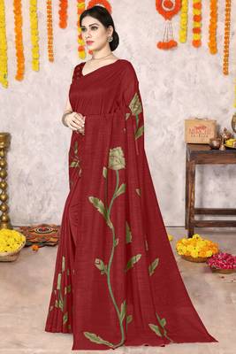 Red Silk Blend Floral Print Saree With Unstitched Blouse Piece 3