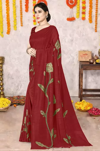 Red Silk Blend Floral Print Saree With Unstitched Blouse Piece
