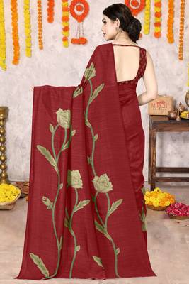 Red Silk Blend Floral Print Saree With Unstitched Blouse Piece 4