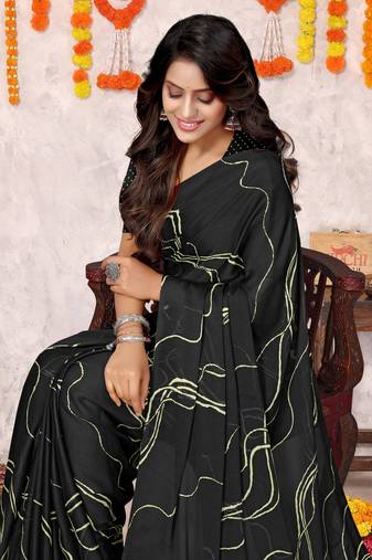 Black Chiffon Geometric Print Saree With Unstitched Blouse Piece