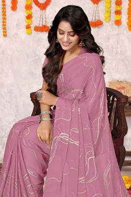 Dusty Pink Chiffon Geometric Print Saree With Unstitched Blouse Piece 1
