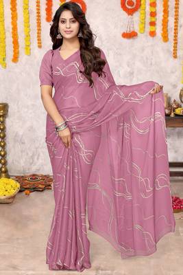 Dusty Pink Chiffon Geometric Print Saree With Unstitched Blouse Piece 2