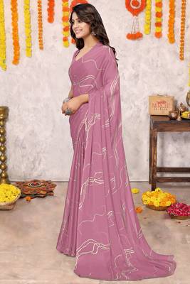 Dusty Pink Chiffon Geometric Print Saree With Unstitched Blouse Piece 3