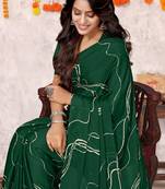 Dark Green Chiffon Geometric Print Saree With Unstitched Blouse Piece