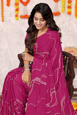 Rani Pink Chiffon Geometric Print Saree With Unstitched Blouse Piece 1