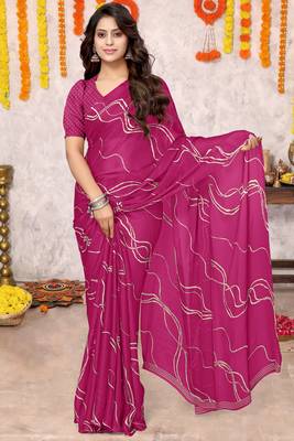 Rani Pink Chiffon Geometric Print Saree With Unstitched Blouse Piece 2