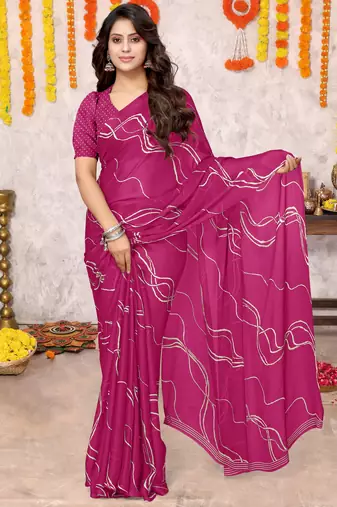 Rani Pink Chiffon Geometric Print Saree With Unstitched Blouse Piece