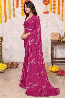 Rani Pink Chiffon Geometric Print Saree With Unstitched Blouse Piece 3