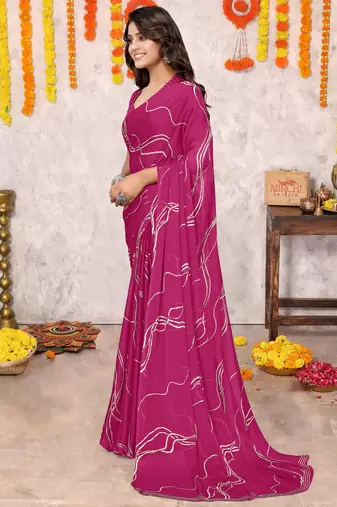 Rani Pink Chiffon Geometric Print Saree With Unstitched Blouse Piece