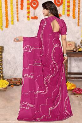 Rani Pink Chiffon Geometric Print Saree With Unstitched Blouse Piece 4