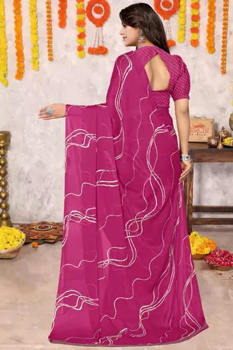 Rani Pink Chiffon Geometric Print Saree With Unstitched Blouse Piece