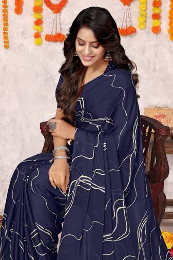 Navy Blue Chiffon Geometric Print Saree With Unstitched Blouse Piece